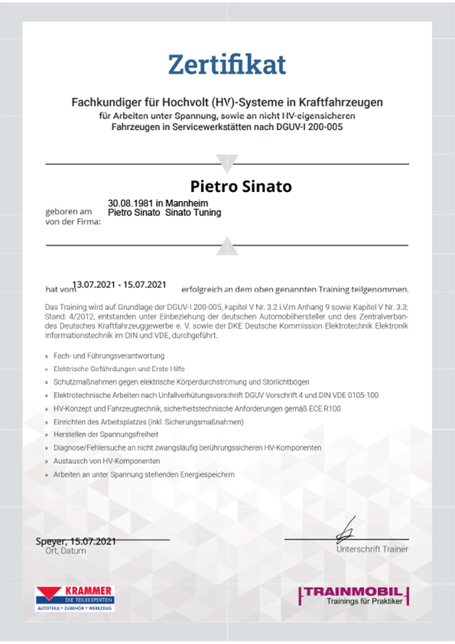 Zertifikat Kfz Werkstatt Sinato Fachkundiger für Hochvolt (HV)-Systeme in Kraftfahrzeugen